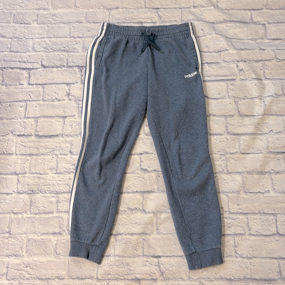 Adidas Jogger Sweatpants Blue with White Stripes Cuffed Hems Women’s Size Medium